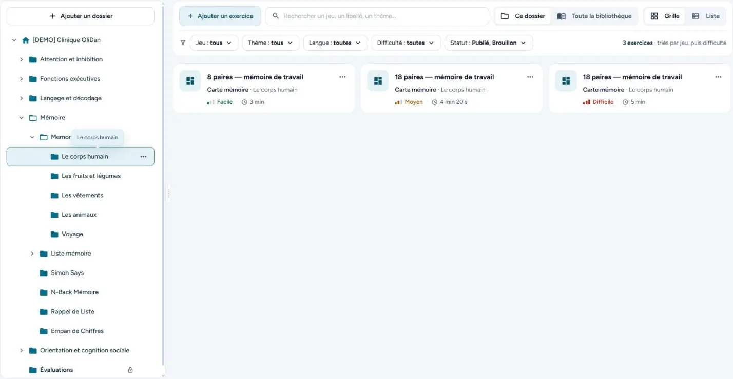 Capture de l’application : la bibliothèque, rangée par fonction cognitive et par thème, chaque exercice réglé sur trois niveaux.