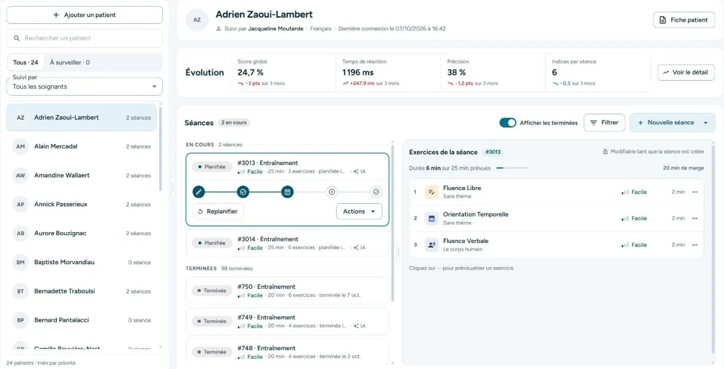 Capture de l’application : la fiche d’un patient fictif, avec son évolution sur trois mois et ses séances.