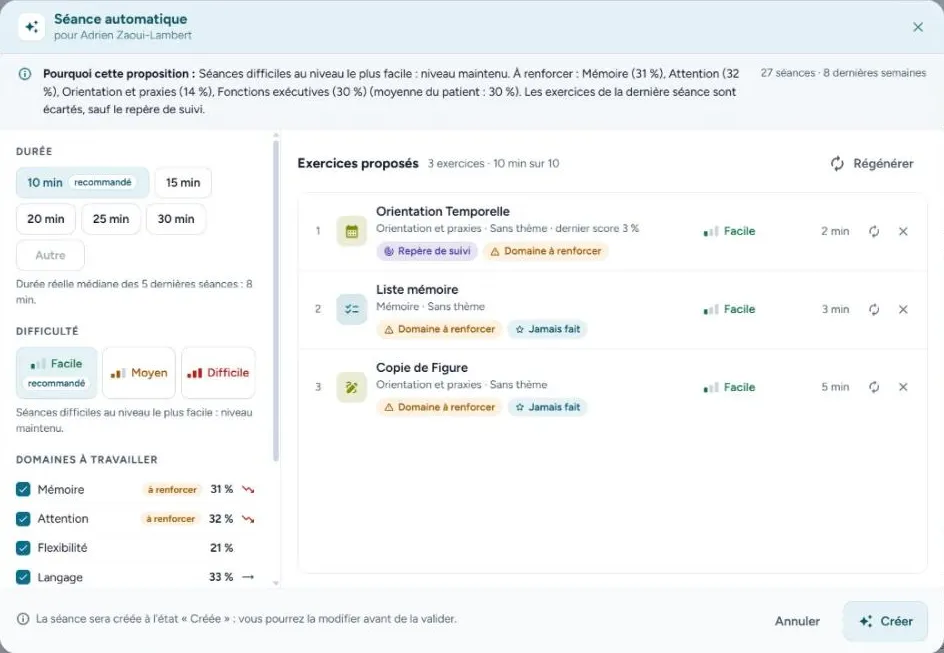 Capture de l’application : une séance proposée par l’assistance, avec la raison de la proposition ; le soignant la modifie avant de la valider.