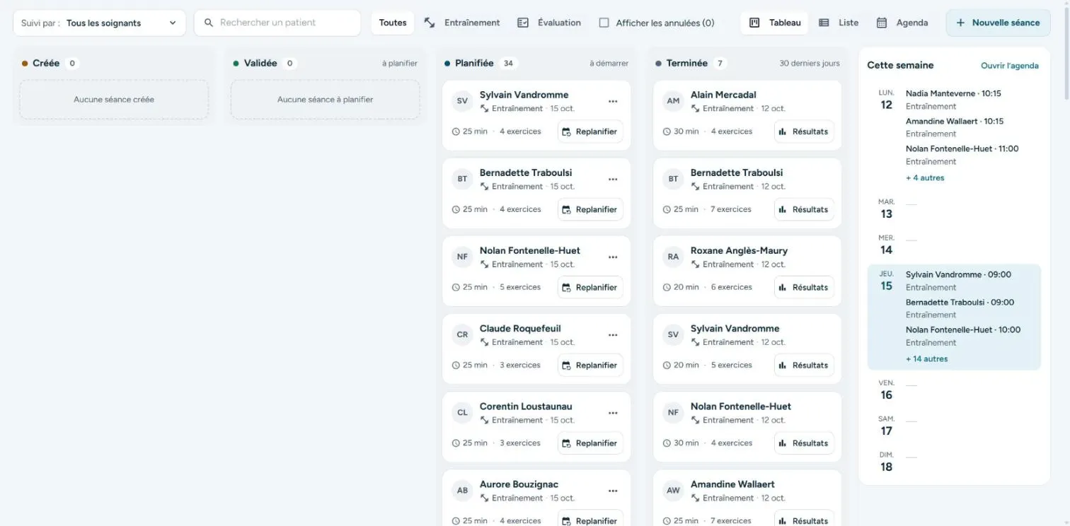 Capture de l’application : le tableau de bord range les séances du service par statut, à côté de l’agenda de la semaine.