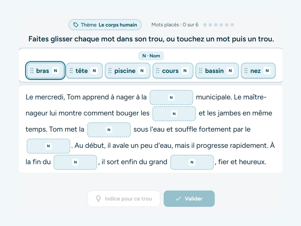 Capture de l’exercice Texte à trous