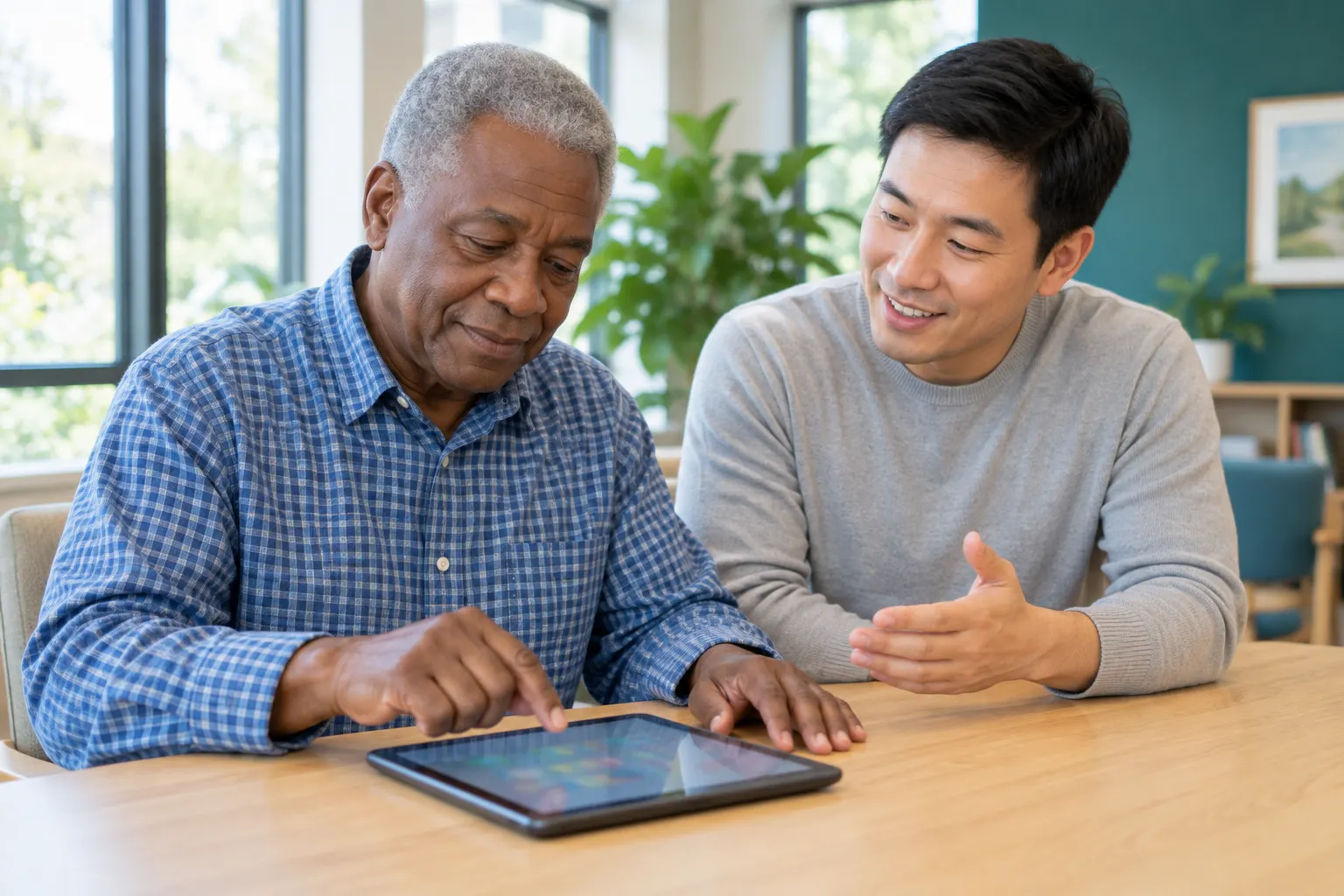 Un orthophoniste accompagne un patient en rééducation après un AVC pendant un exercice sur tablette.