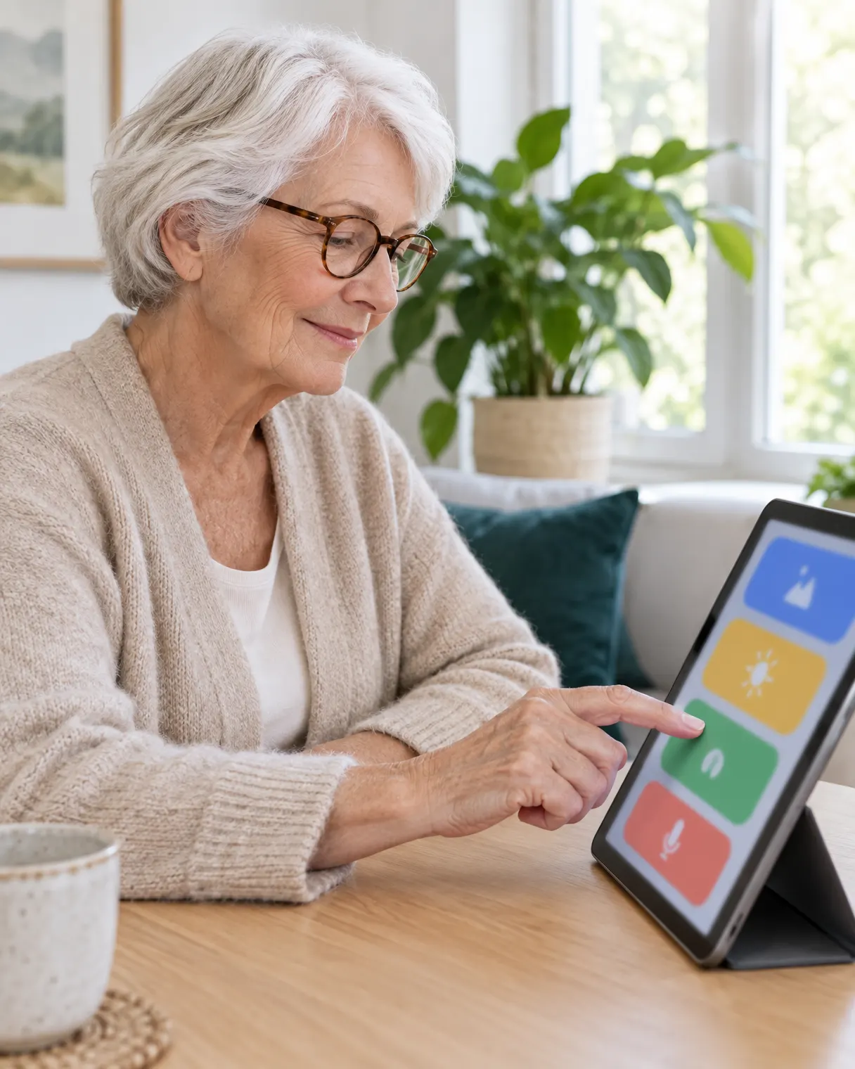 Une patiente âgée utilise en autonomie une tablette aux boutons agrandis.